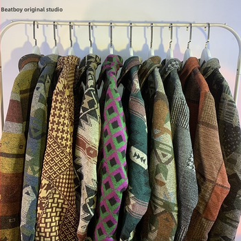 Meeste retro töörõivasärk-jakk, sügis-talv, vaba lõige, pikkade varrukatega, ruudukujuline krae, värvikas polüesteri muster