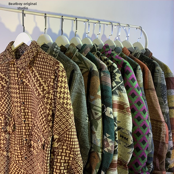 Meeste retro töörõivasärk-jakk, sügis-talv, vaba lõige, pikkade varrukatega, ruudukujuline krae, värvikas polüesteri muster