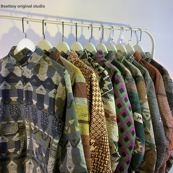 Meeste retro töörõivasärk-jakk, sügis-talv, vaba lõige, pikkade varrukatega, ruudukujuline krae, värvikas polüesteri muster