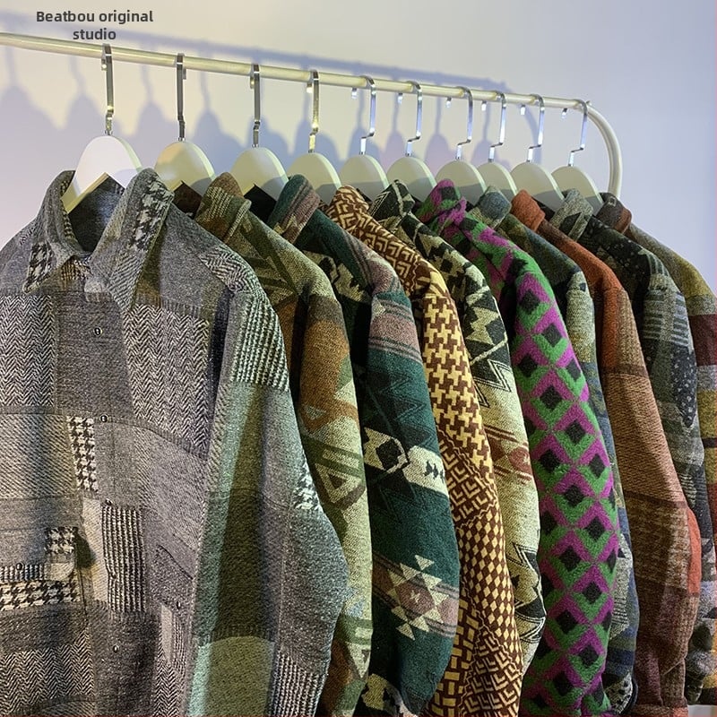 Meeste retro töörõivasärk-jakk, sügis-talv, vaba lõige, pikkade varrukatega, ruudukujuline krae, värvikas polüesteri muster