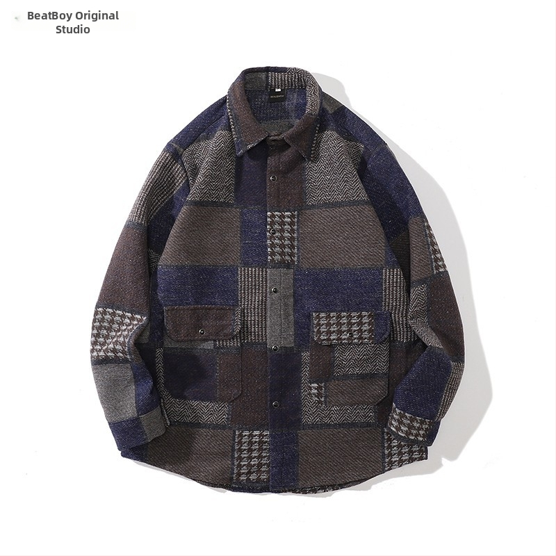 Meeste retro töörõivasärk-jakk, sügis-talv, vaba lõige, pikkade varrukatega, ruudukujuline krae, värvikas polüesteri muster