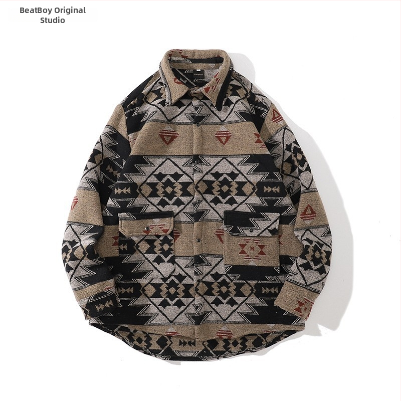 Meeste retro töörõivasärk-jakk, sügis-talv, vaba lõige, pikkade varrukatega, ruudukujuline krae, värvikas polüesteri muster