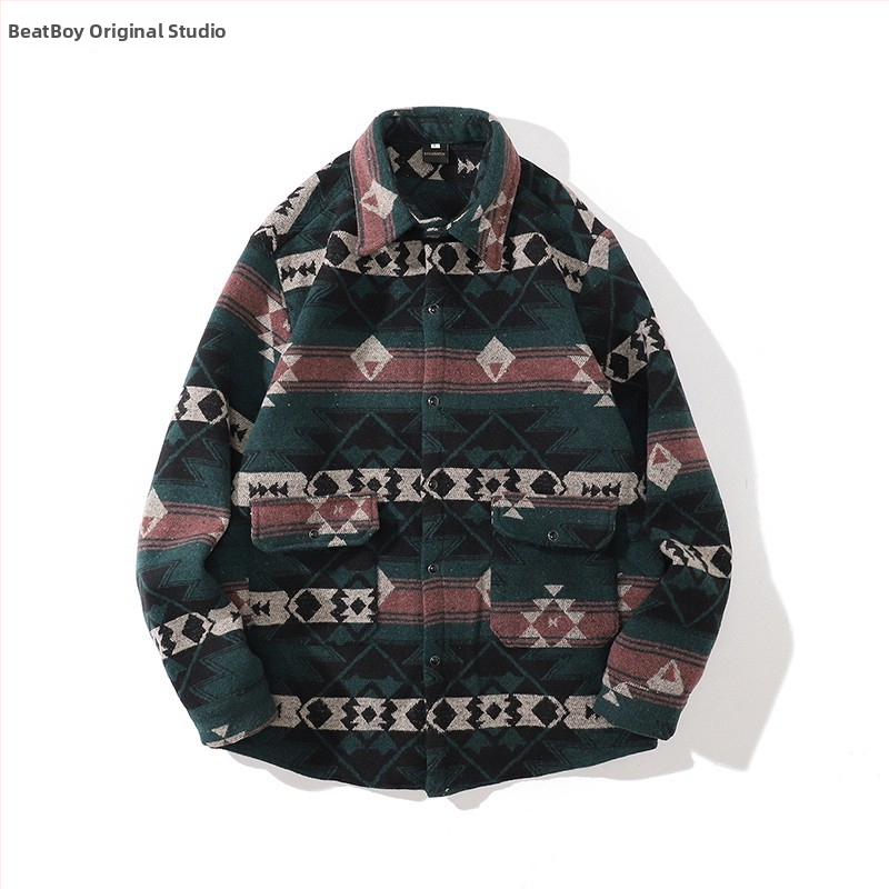 Meeste retro töörõivasärk-jakk, sügis-talv, vaba lõige, pikkade varrukatega, ruudukujuline krae, värvikas polüesteri muster