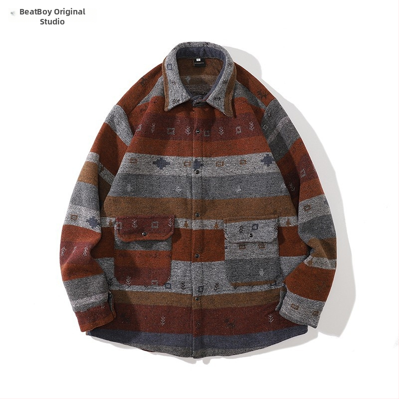 Meeste retro töörõivasärk-jakk, sügis-talv, vaba lõige, pikkade varrukatega, ruudukujuline krae, värvikas polüesteri muster