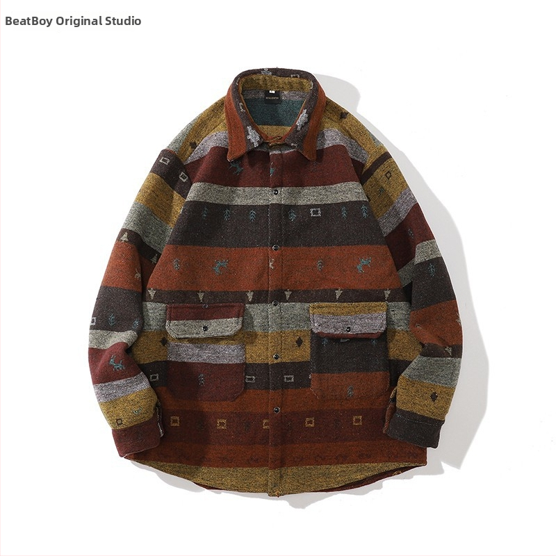 Meeste retro töörõivasärk-jakk, sügis-talv, vaba lõige, pikkade varrukatega, ruudukujuline krae, värvikas polüesteri muster