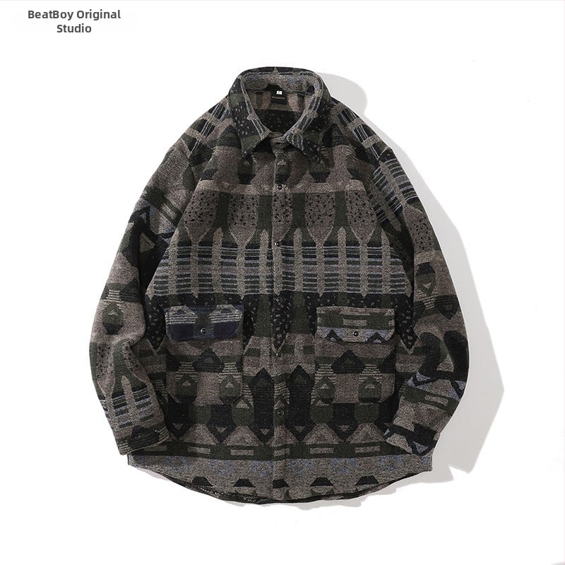 Meeste retro töörõivasärk-jakk, sügis-talv, vaba lõige, pikkade varrukatega, ruudukujuline krae, värvikas polüesteri muster