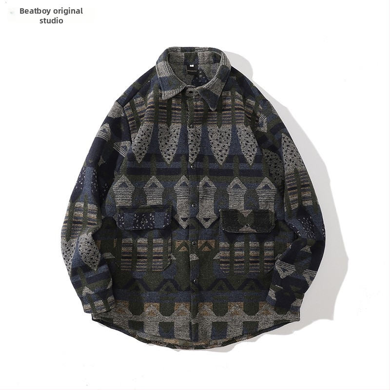 Meeste retro töörõivasärk-jakk, sügis-talv, vaba lõige, pikkade varrukatega, ruudukujuline krae, värvikas polüesteri muster