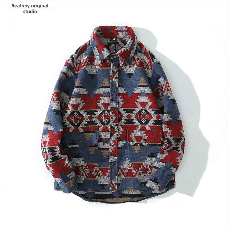 Meeste retro töörõivasärk-jakk, sügis-talv, vaba lõige, pikkade varrukatega, ruudukujuline krae, värvikas polüesteri muster