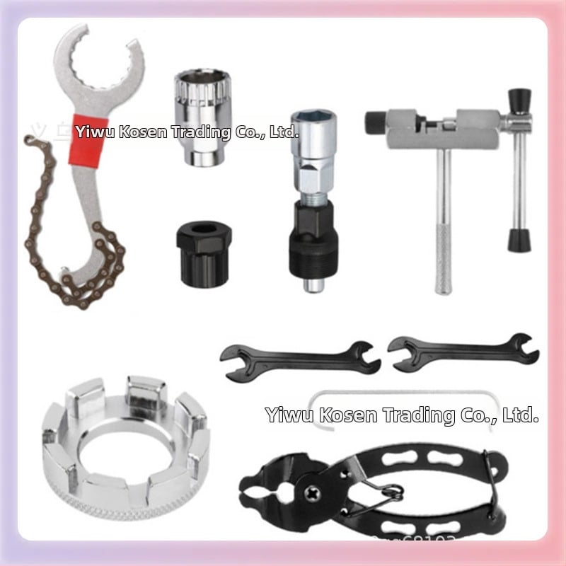 Nerūsējošā tērauda velosipēdu remonta instrumentu komplekts ar apakšējā gultņa izvilcēju, ķēdes izjaukšanas rīku un ķēdes šķēli – kombinētais komplekts