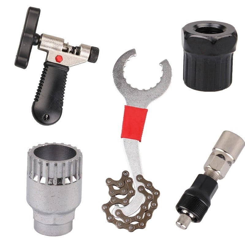 Nerūsējošā tērauda velosipēdu remonta instrumentu komplekts ar apakšējā gultņa izvilcēju, ķēdes izjaukšanas rīku un ķēdes šķēli – kombinētais komplekts