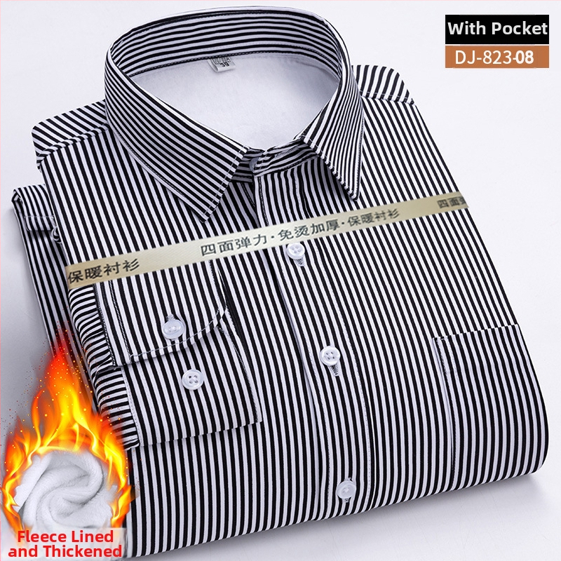 Meeste talvine puuvillane särk flisi voodriga, triikimata, ruudukujuline kaelus, pikad varrukad