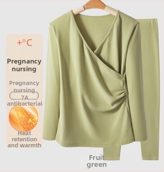 Σετ θερμικού ρούχου για εγκυμοσύνη με φλίς: μακρύ μανίκι κορυφή και παντελόνι, άνοιγμα θηλασμού, φθινοπωρινό-χειμερινό