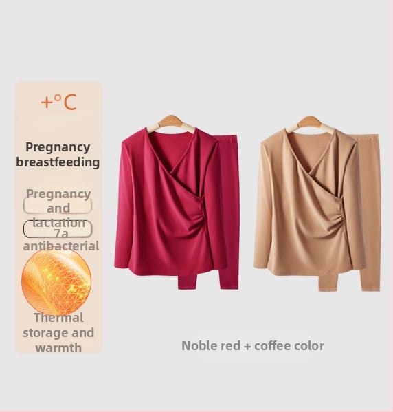 Σετ θερμικού ρούχου για εγκυμοσύνη με φλίς: μακρύ μανίκι κορυφή και παντελόνι, άνοιγμα θηλασμού, φθινοπωρινό-χειμερινό