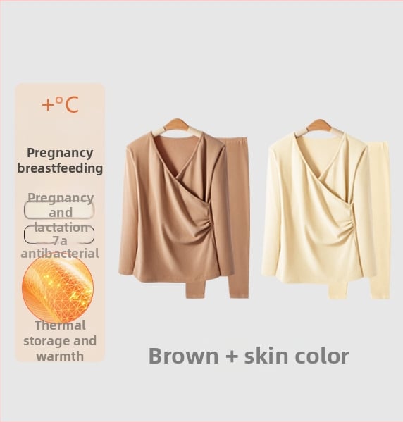 Σετ θερμικού ρούχου για εγκυμοσύνη με φλίς: μακρύ μανίκι κορυφή και παντελόνι, άνοιγμα θηλασμού, φθινοπωρινό-χειμερινό