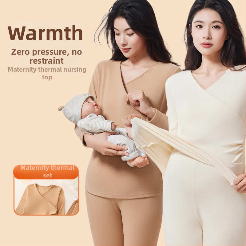 Σετ θερμικού ρούχου για εγκυμοσύνη με φλίς: μακρύ μανίκι κορυφή και παντελόνι, άνοιγμα θηλασμού, φθινοπωρινό-χειμερινό