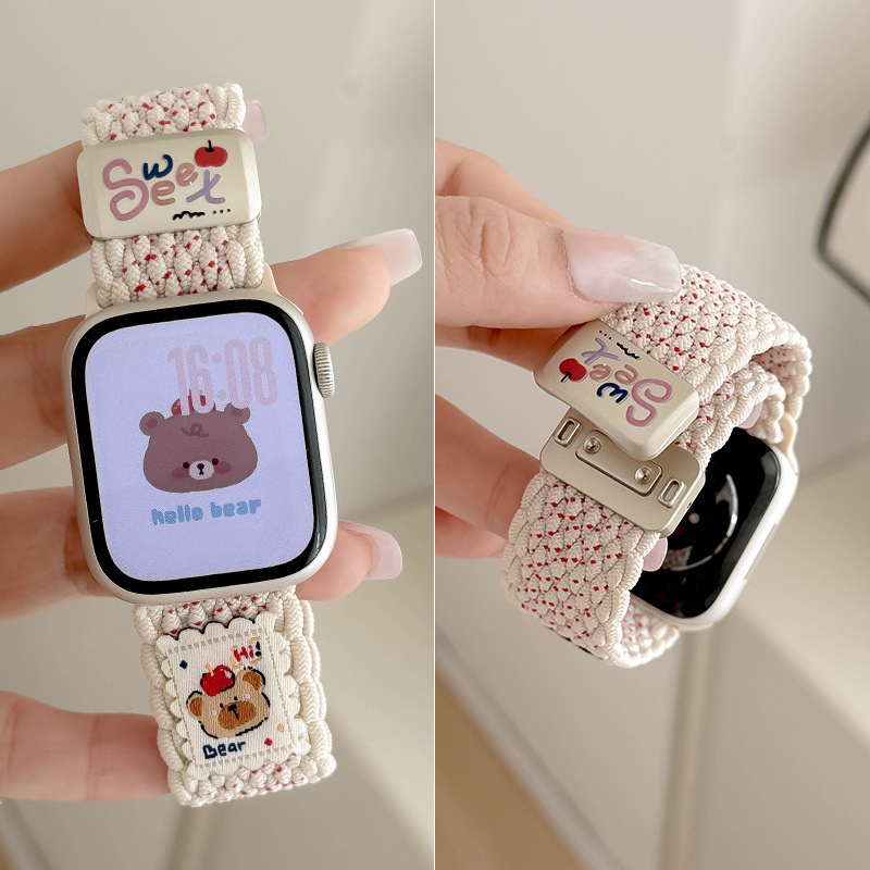 Remen za Apple Watch Series 10 od najlona, pleteni, s magnetskom kopčom i slatkim motivom medvjedića
