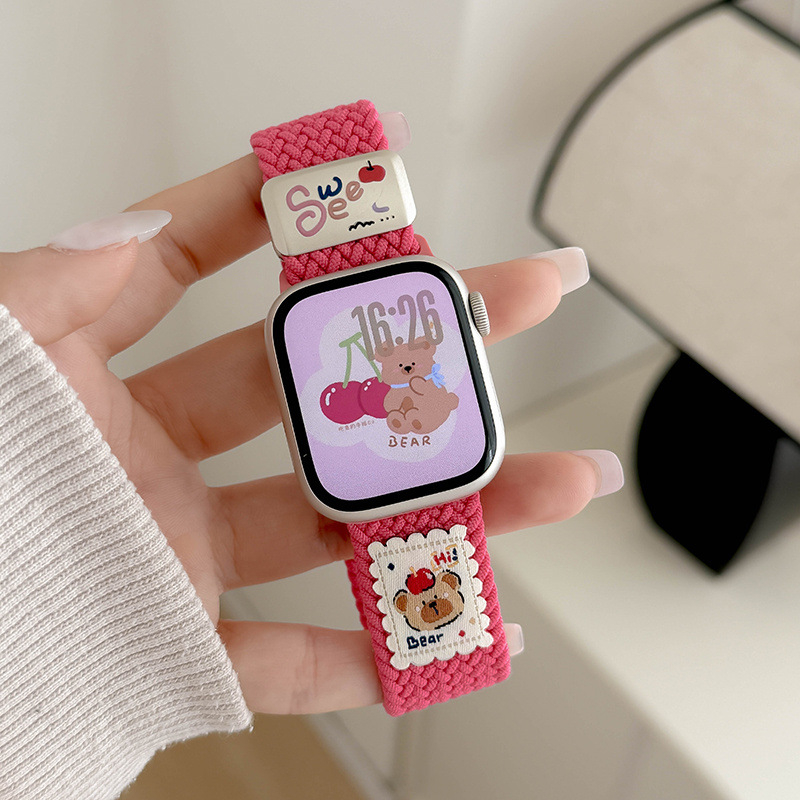 Remen za Apple Watch Series 10 od najlona, pleteni, s magnetskom kopčom i slatkim motivom medvjedića