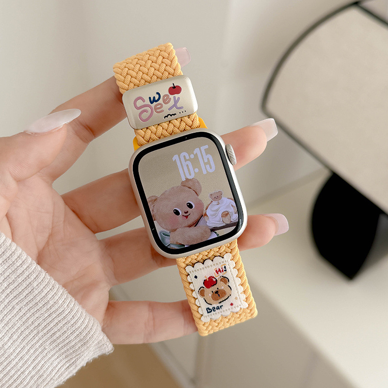 Remen za Apple Watch Series 10 od najlona, pleteni, s magnetskom kopčom i slatkim motivom medvjedića