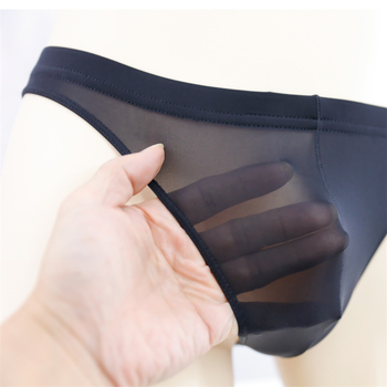 Slip thong pentru bărbați din Ice Silk, talie medie, respirabil, transparent, cu buzunar mare