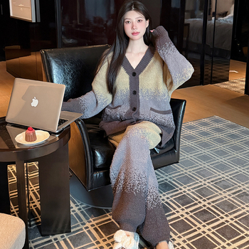 Set pijamale în stil coreean, din semi-catifea, îngroșate, cu mâneci lungi gradient, guler rotund, pentru casă toamnă-iarnă