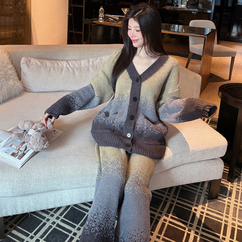 Set pijamale în stil coreean, din semi-catifea, îngroșate, cu mâneci lungi gradient, guler rotund, pentru casă toamnă-iarnă