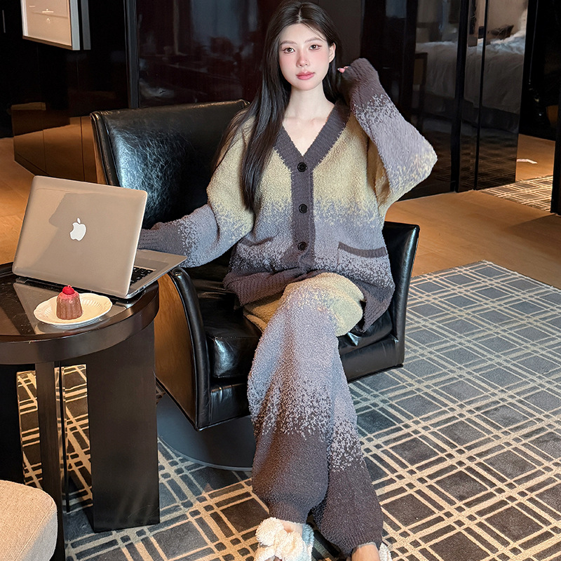 Set pijamale în stil coreean, din semi-catifea, îngroșate, cu mâneci lungi gradient, guler rotund, pentru casă toamnă-iarnă