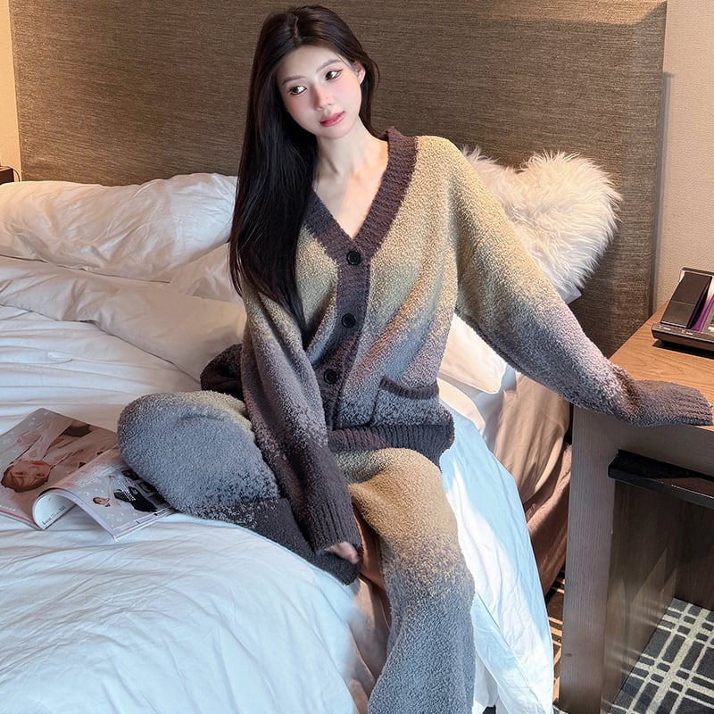 Set pijamale în stil coreean, din semi-catifea, îngroșate, cu mâneci lungi gradient, guler rotund, pentru casă toamnă-iarnă