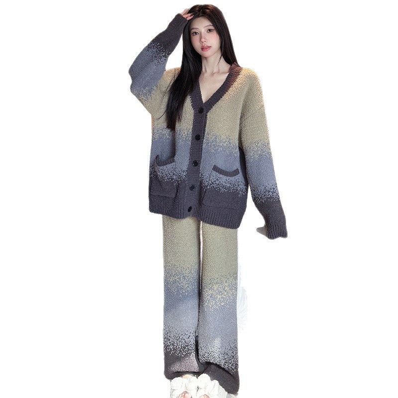 Set pijamale în stil coreean, din semi-catifea, îngroșate, cu mâneci lungi gradient, guler rotund, pentru casă toamnă-iarnă