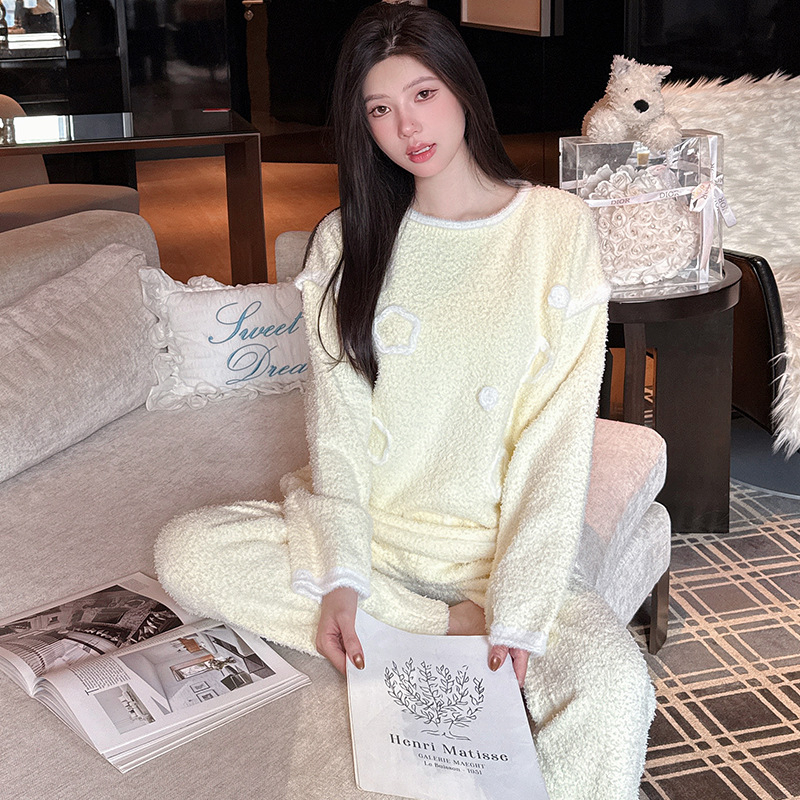 Set pijamale în stil coreean, din semi-catifea, îngroșate, cu mâneci lungi gradient, guler rotund, pentru casă toamnă-iarnă