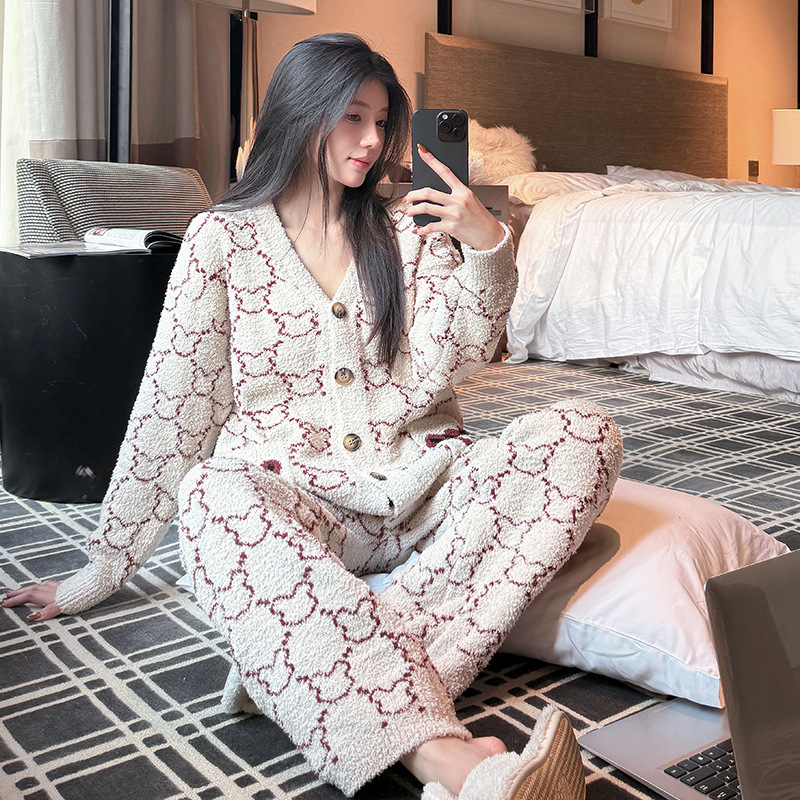 Set pijamale în stil coreean, din semi-catifea, îngroșate, cu mâneci lungi gradient, guler rotund, pentru casă toamnă-iarnă