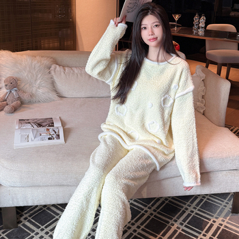 Pijamale pentru femei, toamnă–iarnă — catifea semi-velur, căptușite cu fleece, grosime extra 301–350 g/m², guler rotund, pantaloni lungi