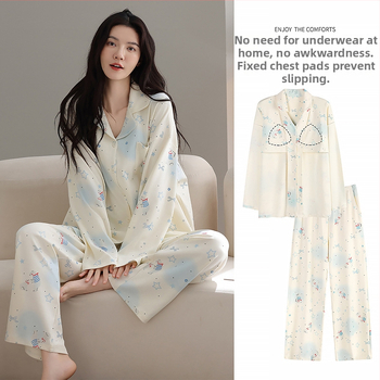 100% pamut pizsama szett melltámasz betéttel, hosszú ujjú, reveres gallérral, nadrággal, lélegző és kényelmes otthoni viselet