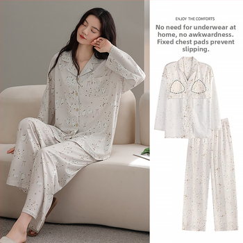 100% pamut pizsama szett melltámasz betéttel, hosszú ujjú, reveres gallérral, nadrággal, lélegző és kényelmes otthoni viselet