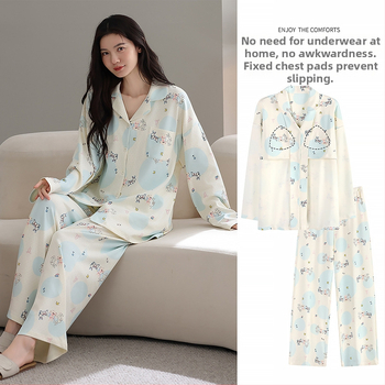 100% pamut pizsama szett melltámasz betéttel, hosszú ujjú, reveres gallérral, nadrággal, lélegző és kényelmes otthoni viselet