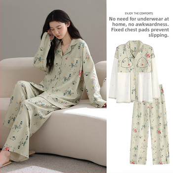 100% pamut pizsama szett melltámasz betéttel, hosszú ujjú, reveres gallérral, nadrággal, lélegző és kényelmes otthoni viselet