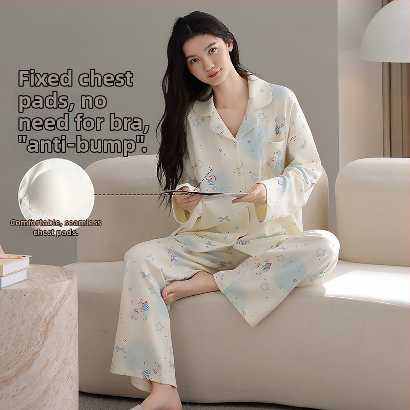 100% pamut pizsama szett melltámasz betéttel, hosszú ujjú, reveres gallérral, nadrággal, lélegző és kényelmes otthoni viselet