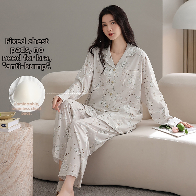 100% pamut pizsama szett melltámasz betéttel, hosszú ujjú, reveres gallérral, nadrággal, lélegző és kényelmes otthoni viselet