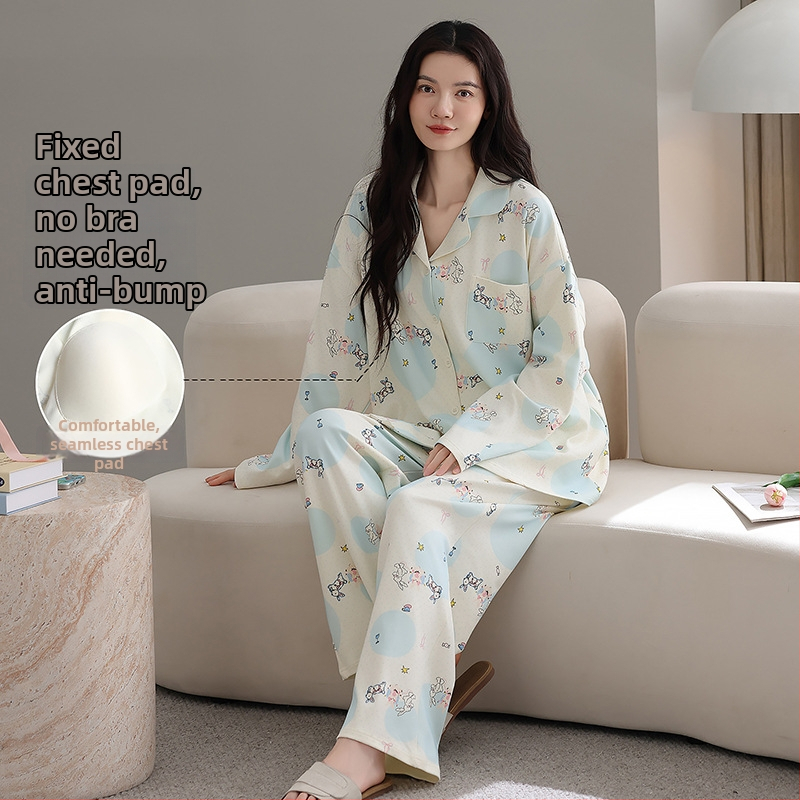 100% pamut pizsama szett melltámasz betéttel, hosszú ujjú, reveres gallérral, nadrággal, lélegző és kényelmes otthoni viselet