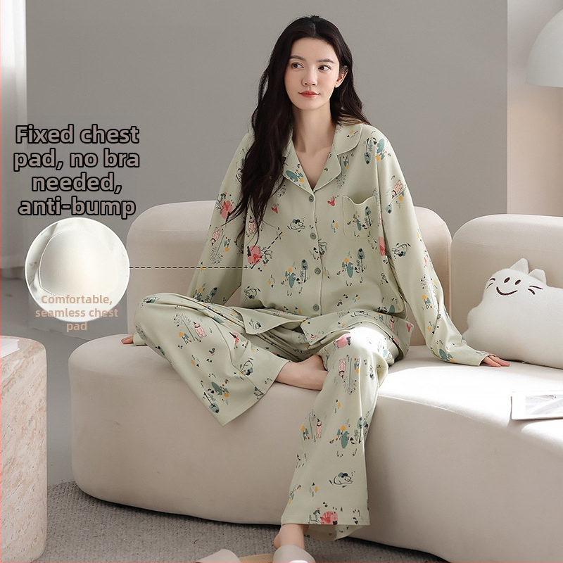 100% pamut pizsama szett melltámasz betéttel, hosszú ujjú, reveres gallérral, nadrággal, lélegző és kényelmes otthoni viselet