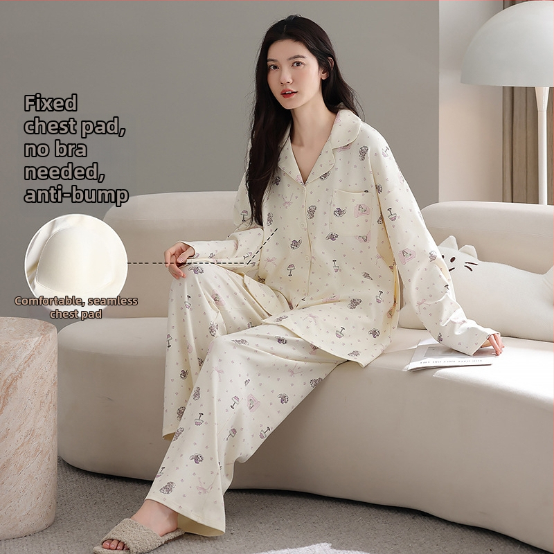 100% pamut pizsama szett melltámasz betéttel, hosszú ujjú, reveres gallérral, nadrággal, lélegző és kényelmes otthoni viselet