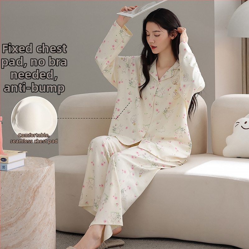 100% pamut pizsama szett melltámasz betéttel, hosszú ujjú, reveres gallérral, nadrággal, lélegző és kényelmes otthoni viselet