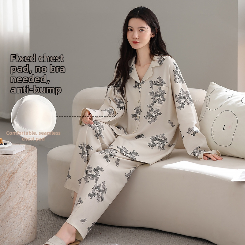 100% pamut pizsama szett melltámasz betéttel, hosszú ujjú, reveres gallérral, nadrággal, lélegző és kényelmes otthoni viselet