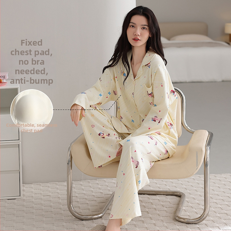 100% pamut pizsama szett melltámasz betéttel, hosszú ujjú, reveres gallérral, nadrággal, lélegző és kényelmes otthoni viselet