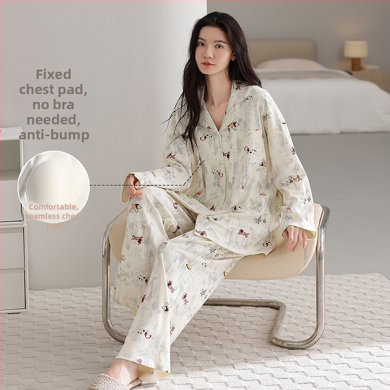 100% pamut pizsama szett melltámasz betéttel, hosszú ujjú, reveres gallérral, nadrággal, lélegző és kényelmes otthoni viselet
