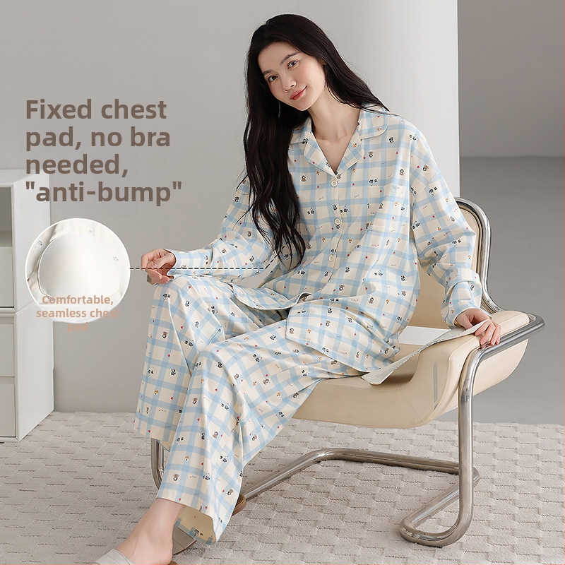 100% pamut pizsama szett melltámasz betéttel, hosszú ujjú, reveres gallérral, nadrággal, lélegző és kényelmes otthoni viselet