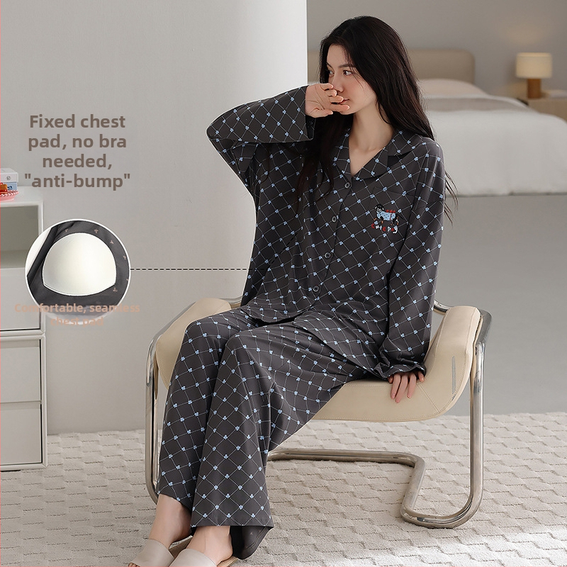 100% pamut pizsama szett melltámasz betéttel, hosszú ujjú, reveres gallérral, nadrággal, lélegző és kényelmes otthoni viselet