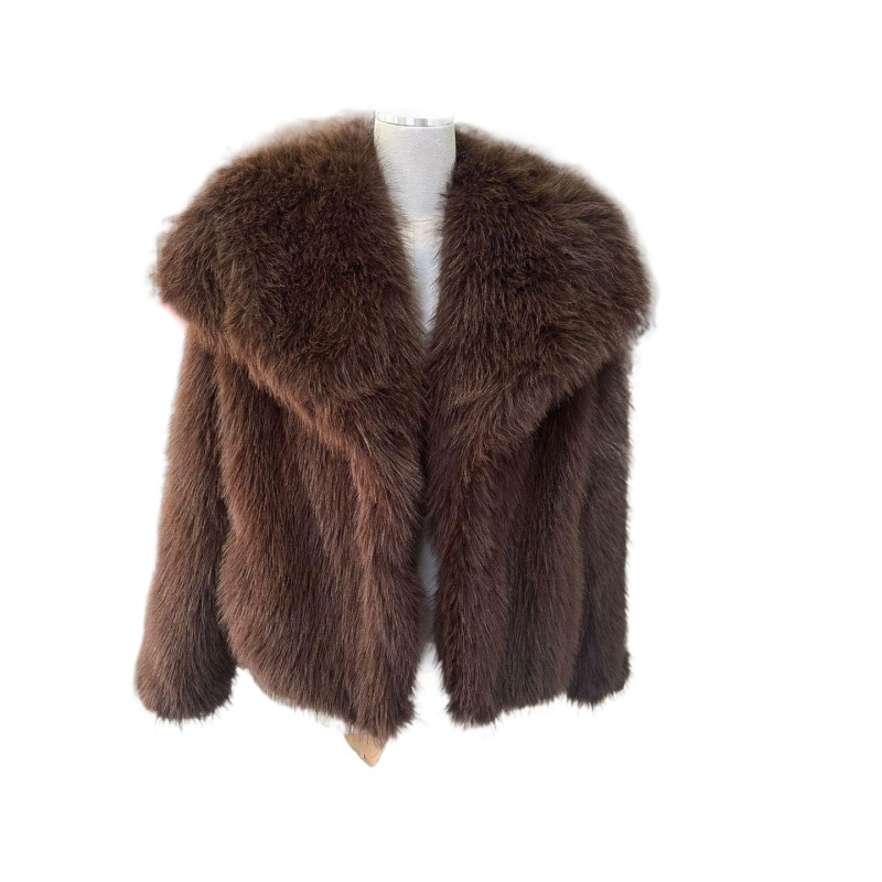 Corduroy ženski gornji komad s krznom od kunića, veliki ovratnik, opušten kratki kroj (Rabbit Fur <30%)