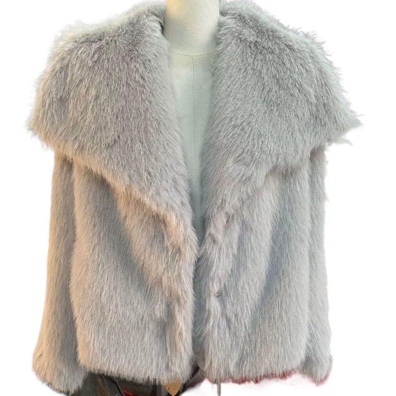 Corduroy ženski gornji komad s krznom od kunića, veliki ovratnik, opušten kratki kroj (Rabbit Fur <30%)