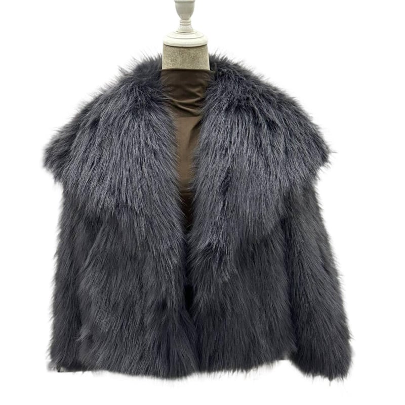 Corduroy ženski gornji komad s krznom od kunića, veliki ovratnik, opušten kratki kroj (Rabbit Fur <30%)