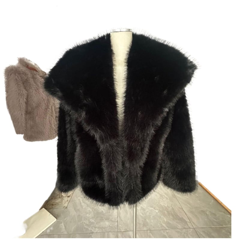 Corduroy ženski gornji komad s krznom od kunića, veliki ovratnik, opušten kratki kroj (Rabbit Fur <30%)